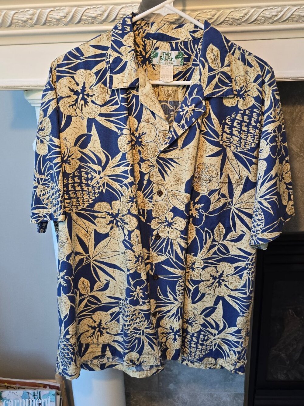 Vintage Two Palms Hawaiian Shirt XL Men’s Blue Gold Pineapple Garden Aloha